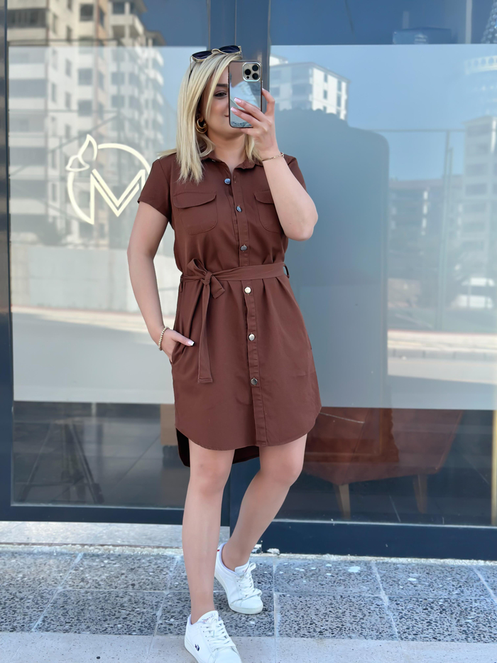 Cepli Kuşaklı Gabardin ELbise ACI KAHVE-23YELB000041