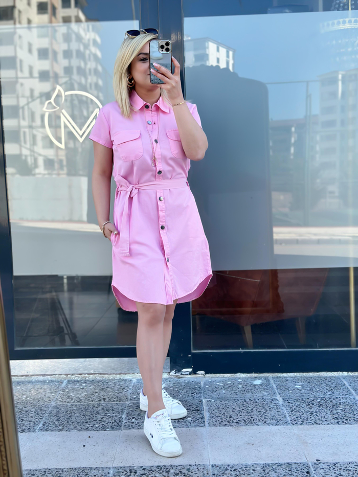 Cepli Kuşaklı Gabardin ELbise PEMBE-23YELB000041