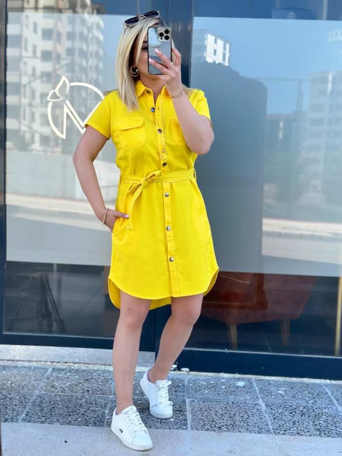 Cepli Kuşaklı Gabardin ELbise Sarı-23YELB000041