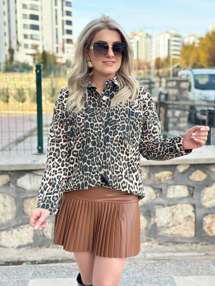 Cepli leopar Gömlek KAHVE-23MeUST00093