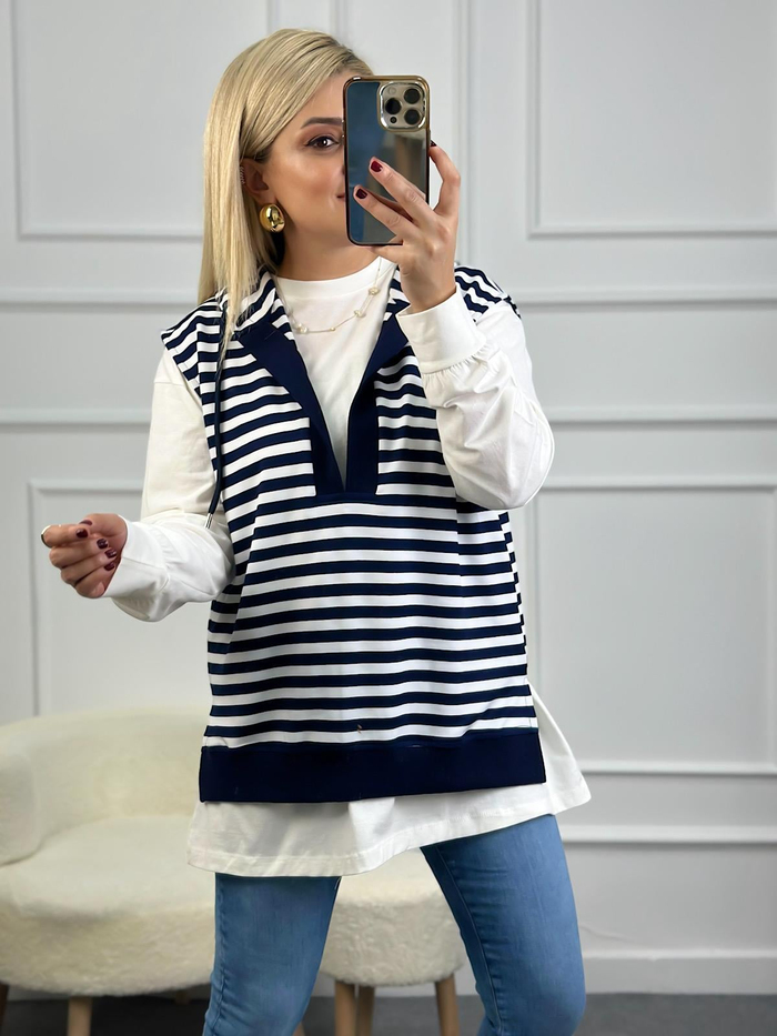 Çizgili Kapşonlu Sweatshirt LACİVERT - BEYAZ-23MeUST00087
