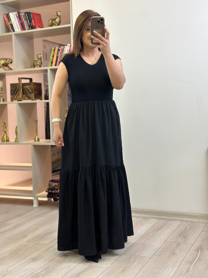 Debose V Yaka Kısa Kol Elbise SİYAH-23YELB000151