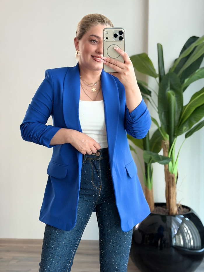 Düğmesiz Astarlı Kolu Büzgülü Blazer Ceket SAKS-23YDIS000001