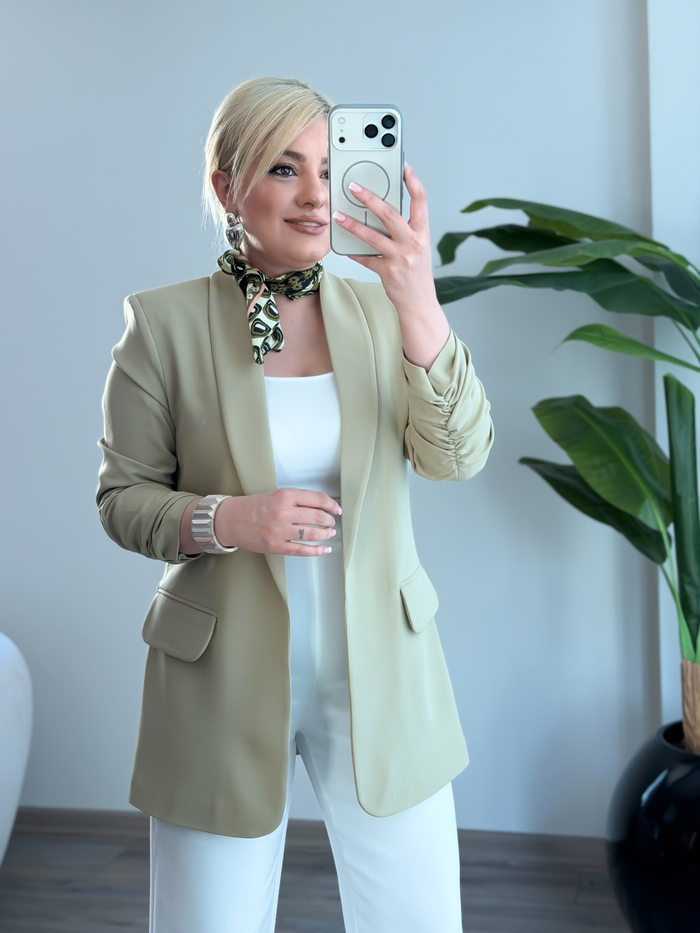 Düğmesiz Astarlı Kolu Büzgülü Blazer Ceket AÇIK HAKİ-23YDIS000001