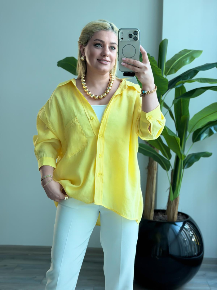 Düşük Omuzlu Oversize Gömlek Sarı-23YUST000289