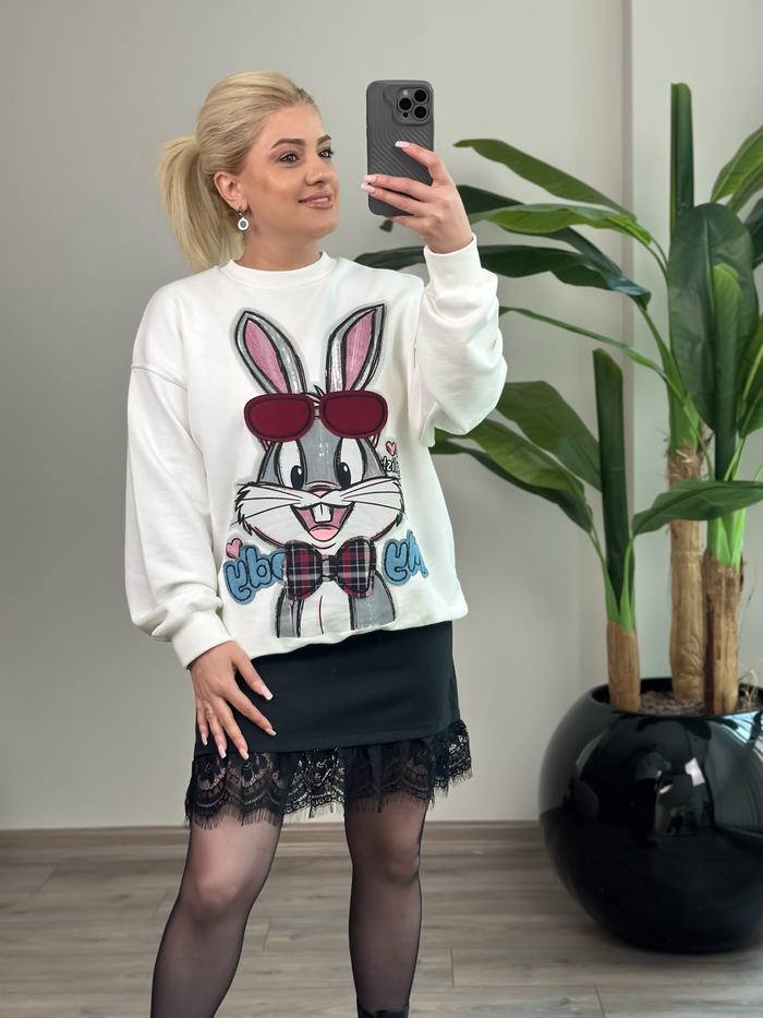Ekose Papyonlu Tavşan Figürlü Sweatshirt BEYAZ-23MeUST00178