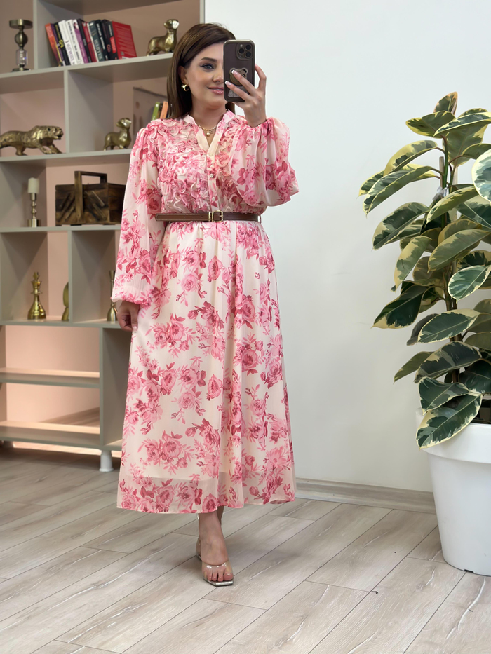 Gül Desenli Biye Detaylı Şifon Elbise PEMBE-23YELB000148