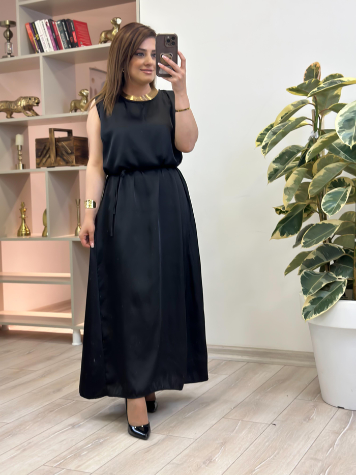 Kalın Askılı Kemer Detaylı Kırınkil Elbise SİYAH-23YELB000139