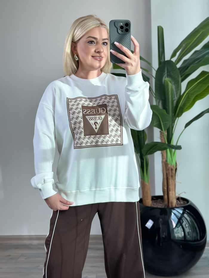 Kare Desenli Baskılı Sweatshirt BEYAZ-23KUST000142