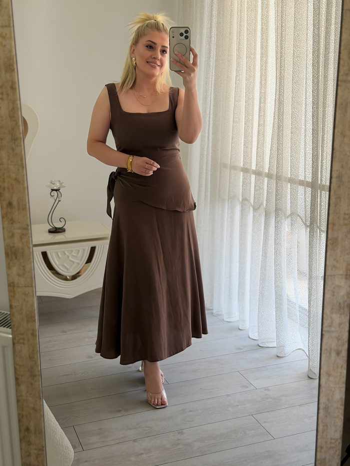 Kare Yaka  Tensel Kumaş Elbise KAHVE-23YELB000166