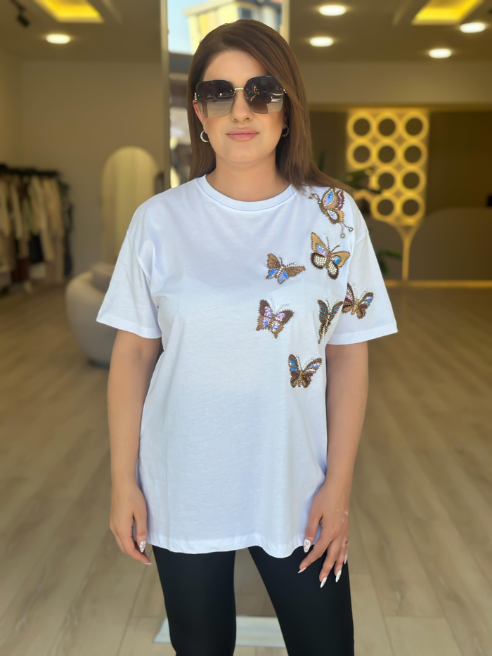 Kelebek Baskı DetaylI Tshirt BEYAZ-23YUST000236