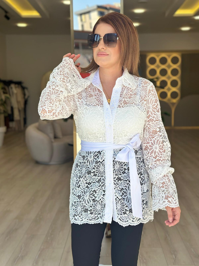 Kemerli Dantel Gömlek BEYAZ-23YUST000167