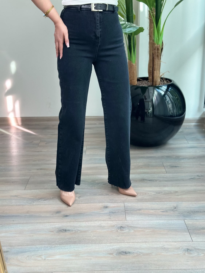 Kemerli Geniş Paça Kot Pantolon SİYAH-23KALT000033
