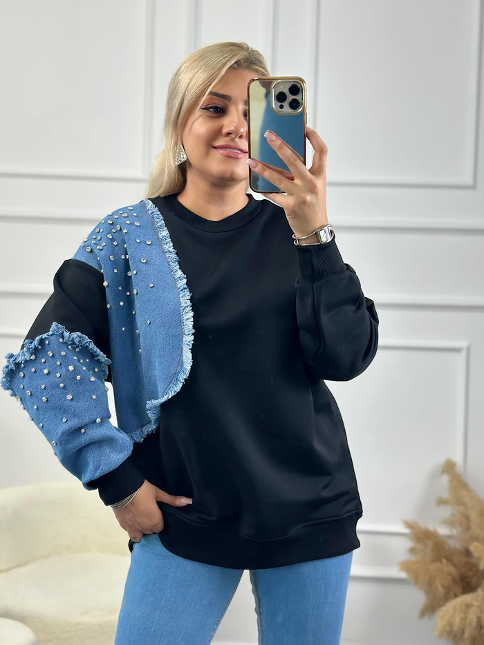 Kol Ve Omuzu Kot Garinli Taş İşlemli Bisiklet Yaka Sweatshirt SİYAH-23YUST000147