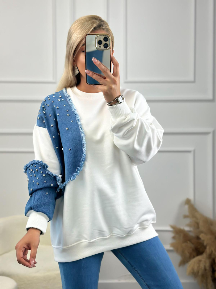 Kol Ve Omuzu Kot Garinli Taş İşlemli Bisiklet Yaka Sweatshirt BEYAZ-23YUST000147