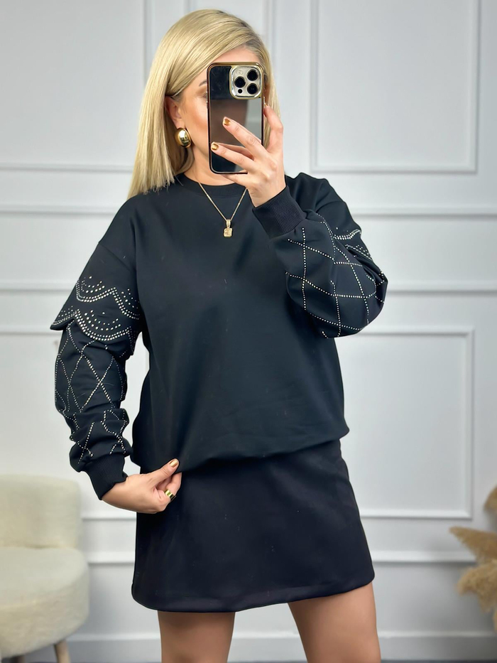 Kolları Taşlı Sweatshirt SİYAH-23KDIS000044