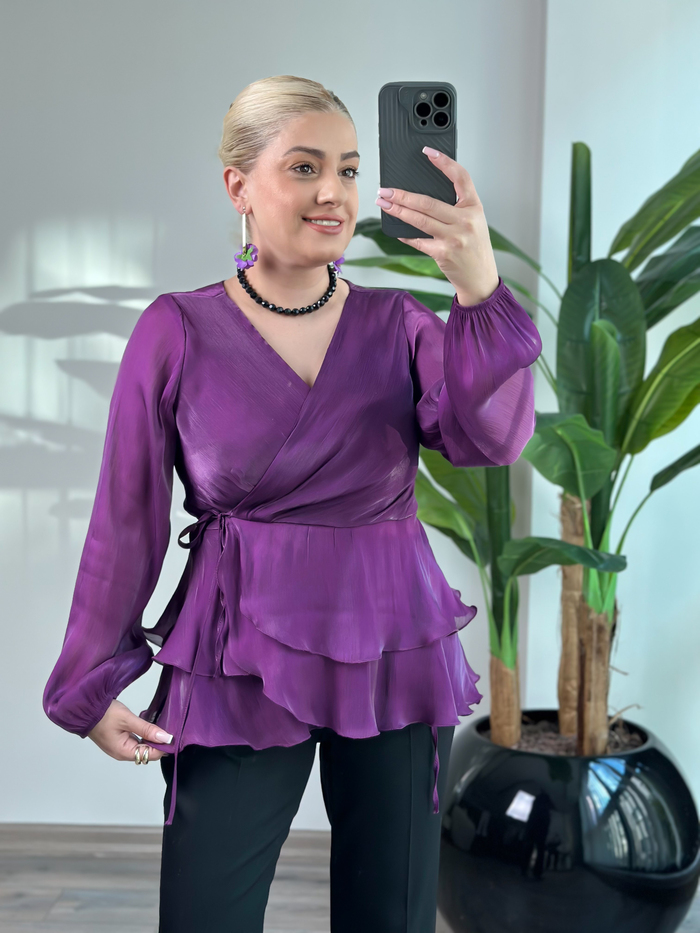 Kruvaze 2 kat Volanlı Bağcıklı Bluz MOR-23SUST000002