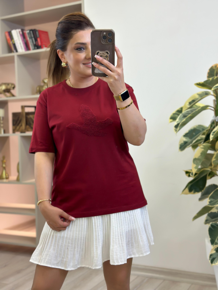 Kuş Kabartma Dokulu Tshirt BORDO-23YUST000262