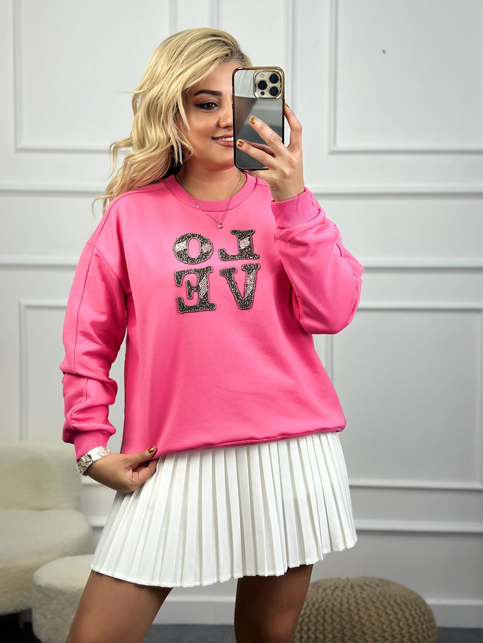 Love Baskılı Taşlı Sweatshirt PEMBE-23KUST000083