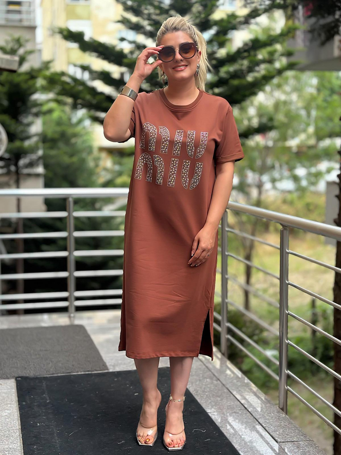 Miu Taşlı Elbise KAHVE-23YELB000103