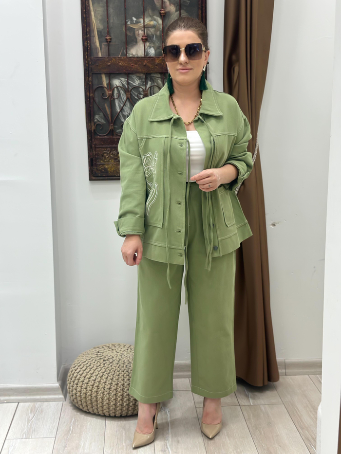 Nakış İşlemeli Cep Detaylı Denim Takım YEŞİL-23KUST000117