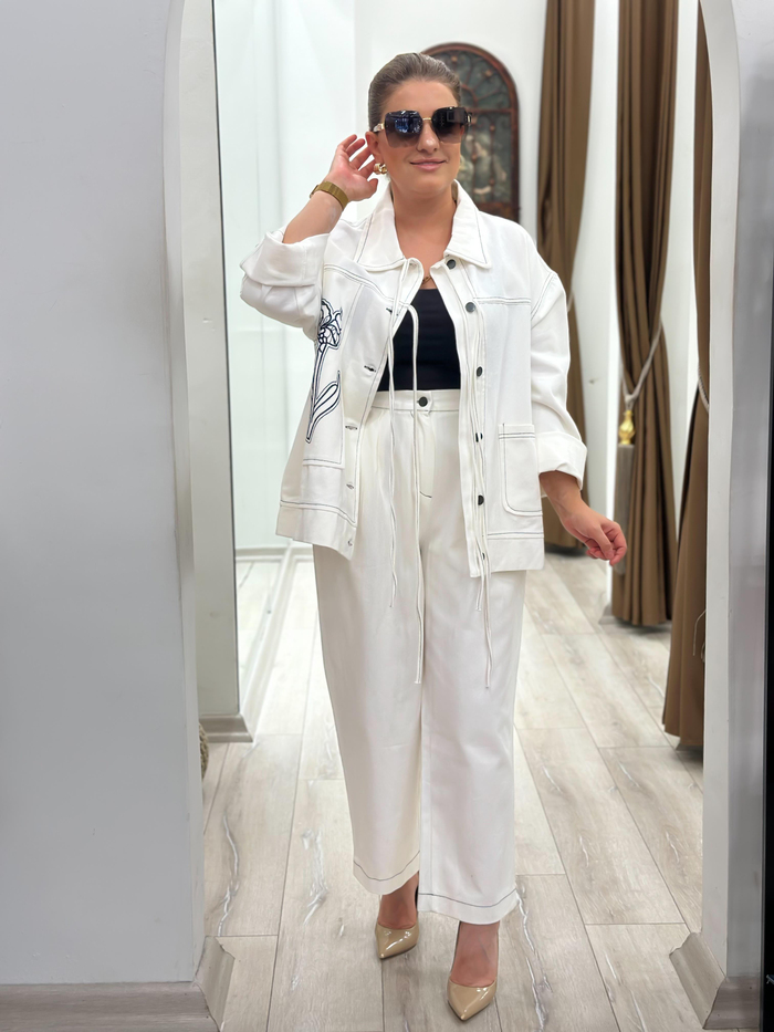 Nakış İşlemeli Cep Detaylı Denim Takım EKRU-23KUST000117