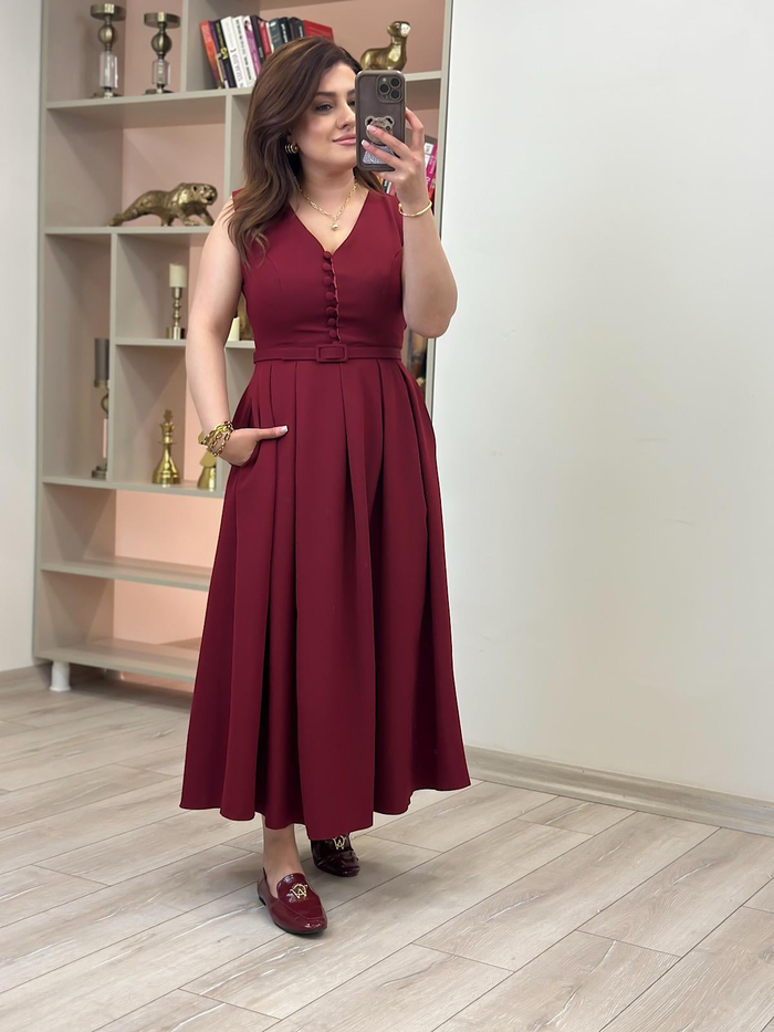 Önü Birtili  Pileli Kemerli Elbise BORDO-23YELB000129