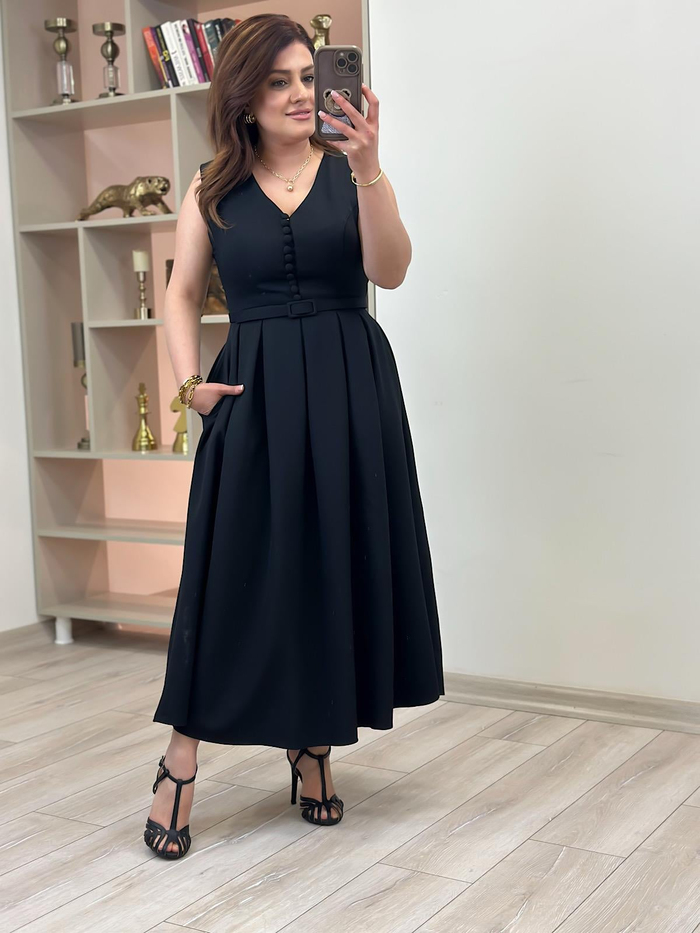 Önü Birtili  Pileli Kemerli Elbise SİYAH-23YELB000129