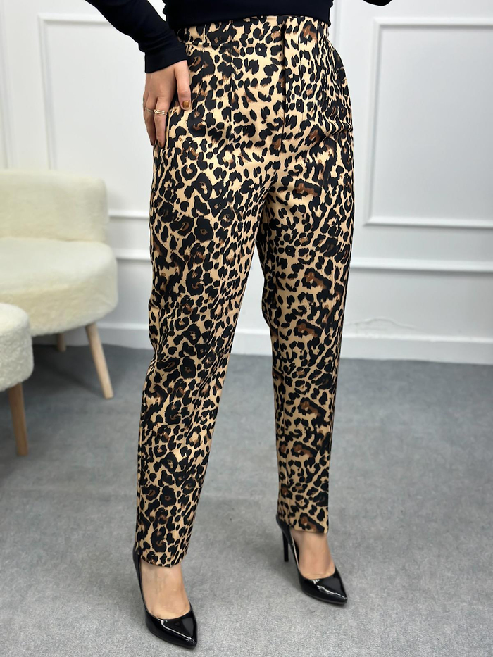 Önü Flotalı Leopar Desen Kumaş Pantolon SİYAH-23MeALT00072
