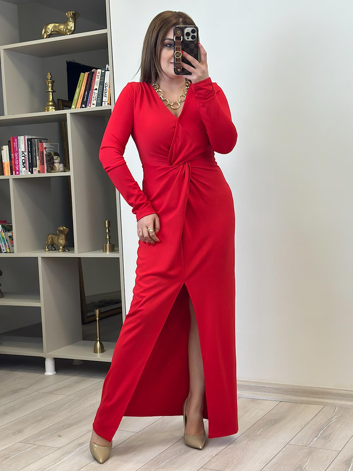 Örme Çelik Burgu Maksi Boy Elbise KIRMIZI-23MeELB00013