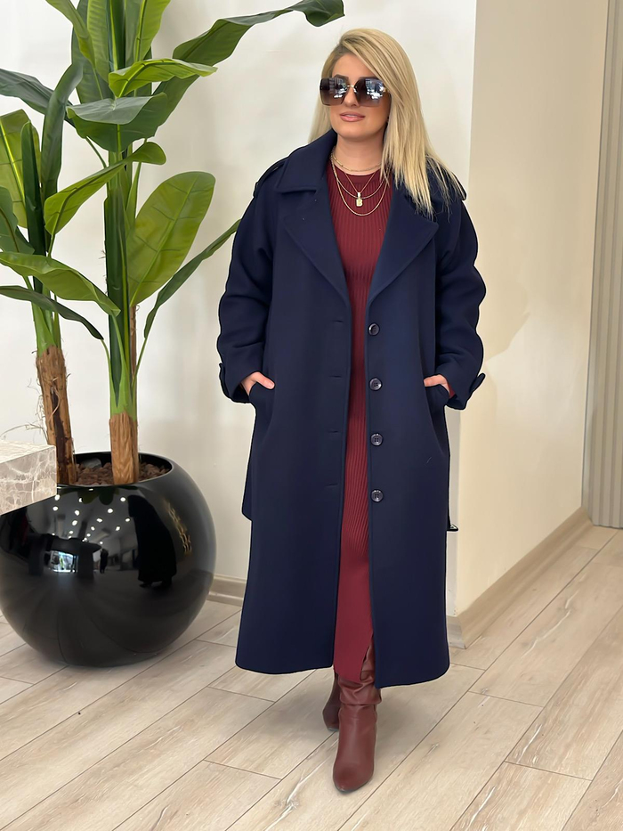 Oversize Kuşaklı Uzun Kaşe Kaban LARCİVET-23KDIS000061