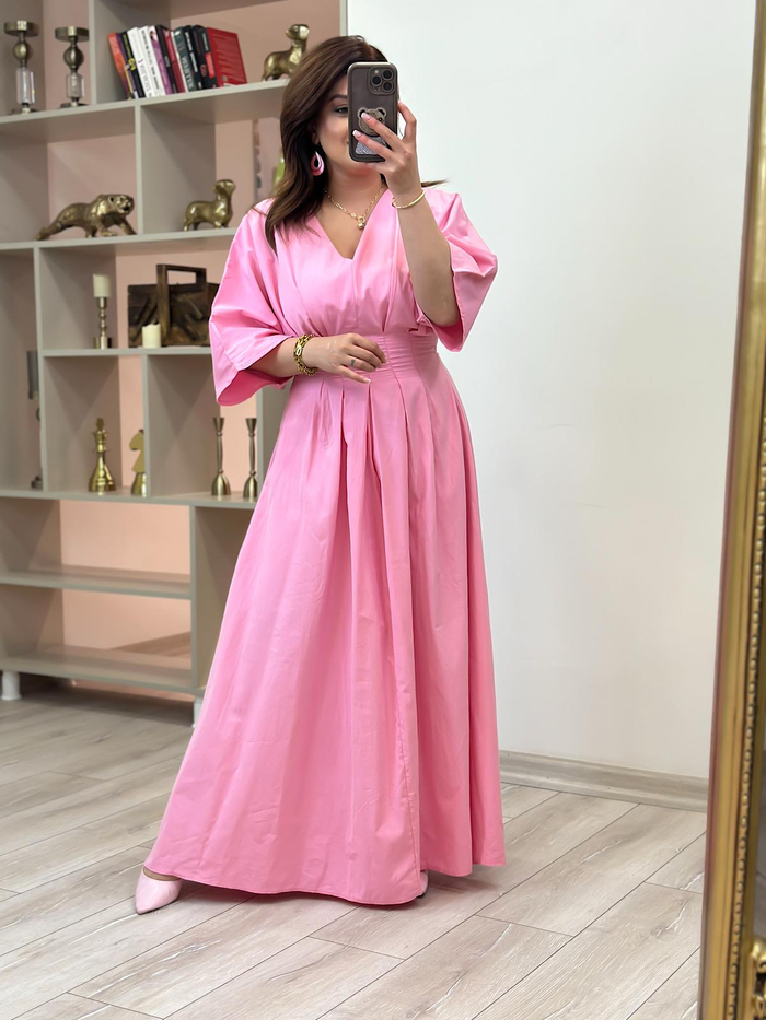 Pileli Uzun Elbise PEMBE-23YELB000133