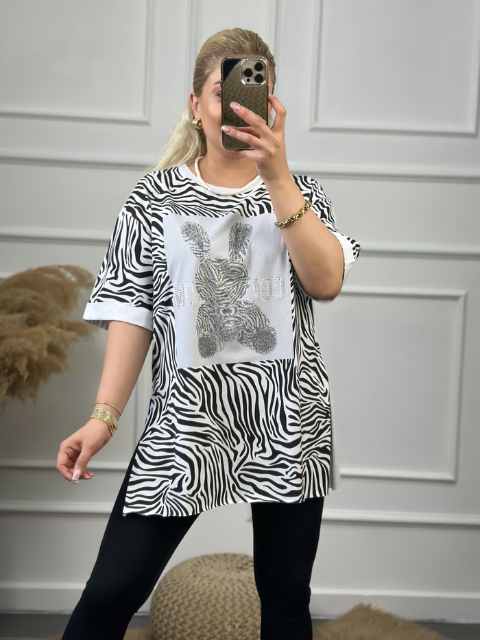 Renkli Tavşanlı Tshirt BEYAZ-23YUST000059
