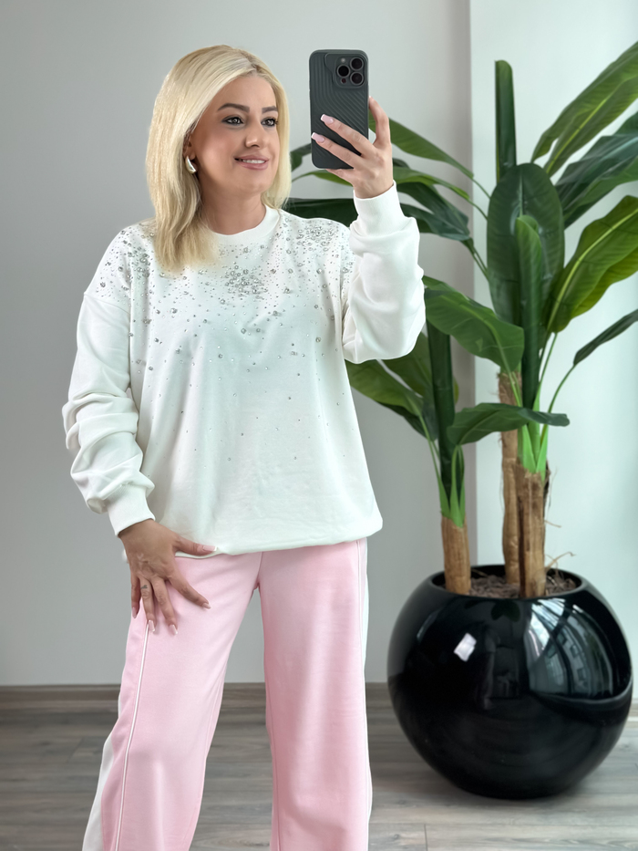 Serpme Taş Detaylı Sweatshirt BEYAZ-23KUST000150
