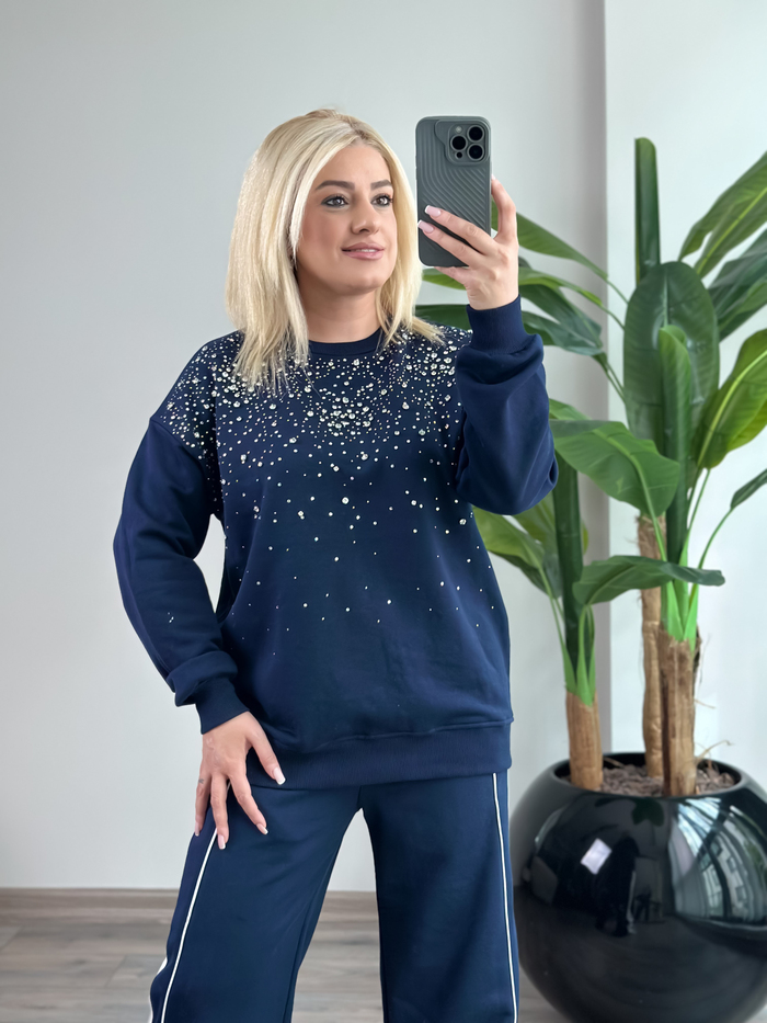 Serpme Taş Detaylı Sweatshirt LACİVERT-23KUST000150