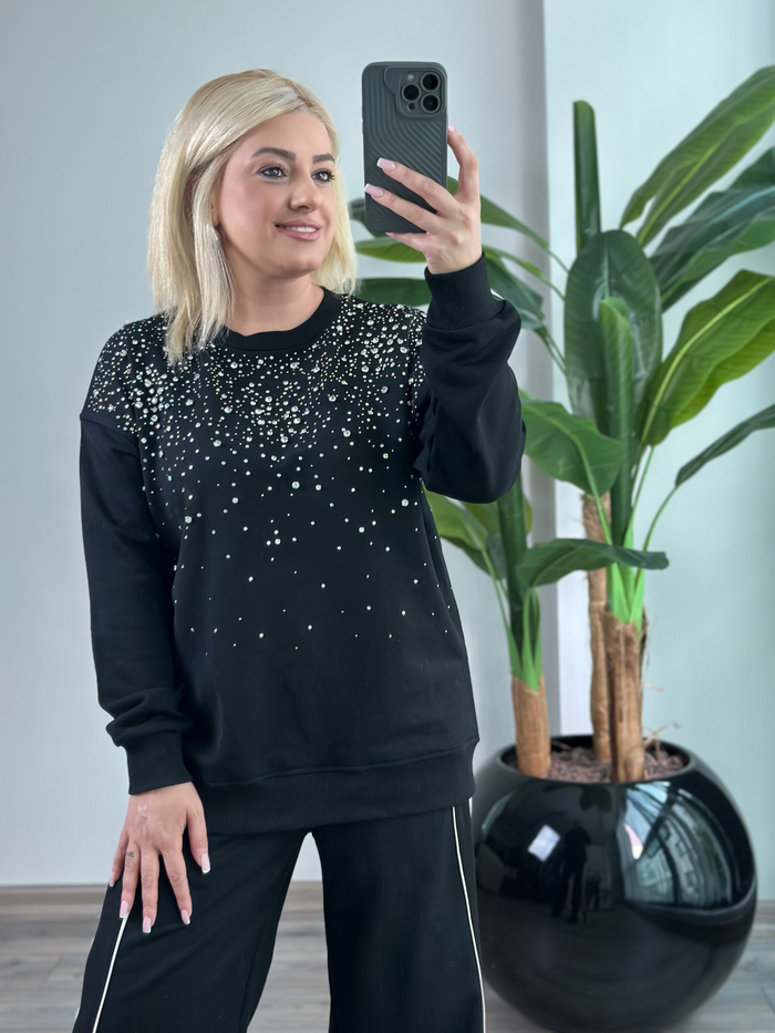 Serpme Taş Detaylı Sweatshirt SİYAH-23KUST000150