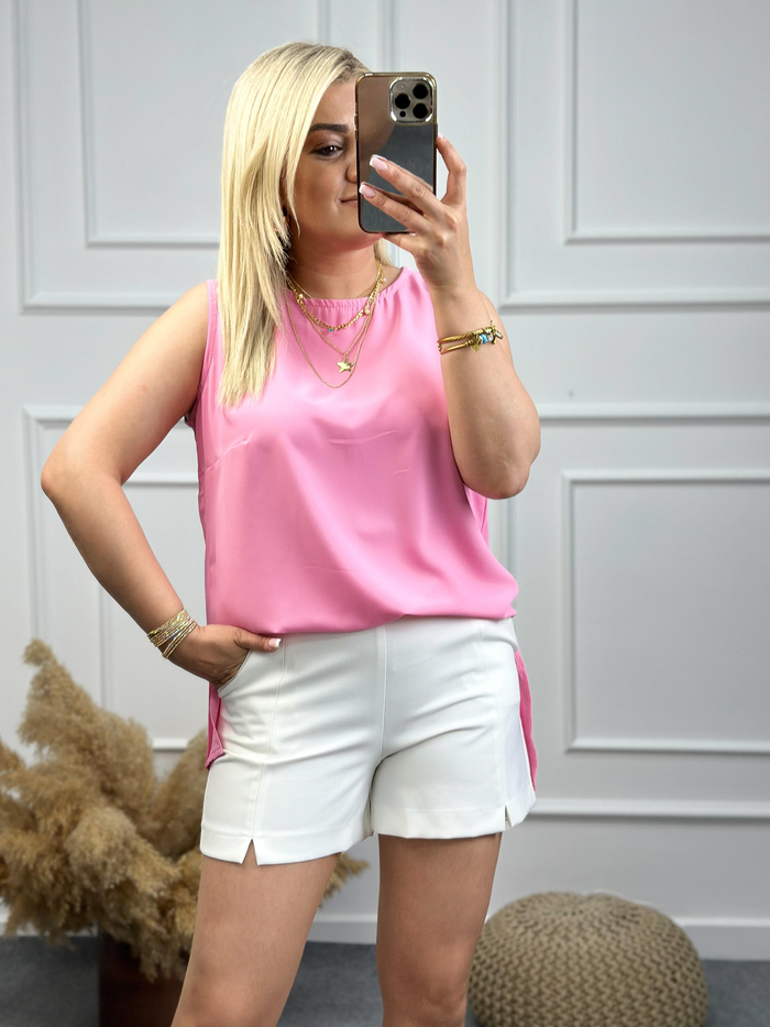 Sıfır Kol Arkası Uzun Yanları Yırtmaçlı Pamuk Saten Bluz PEMBE-23YUST000103