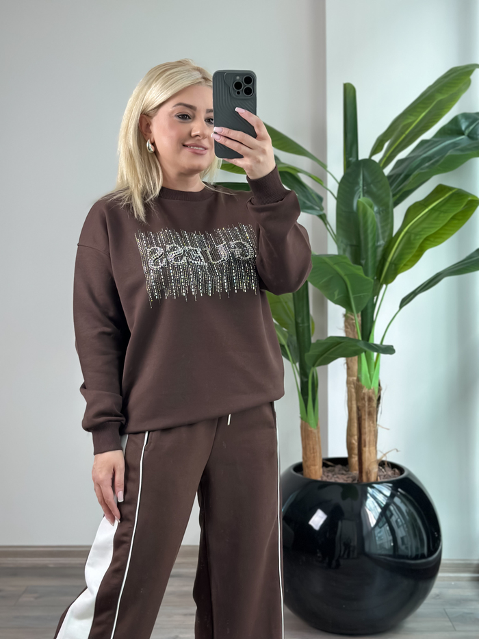 Taş İşlemeli Yazı Baskılı Sweatshirt KAHVE-23KUST000143