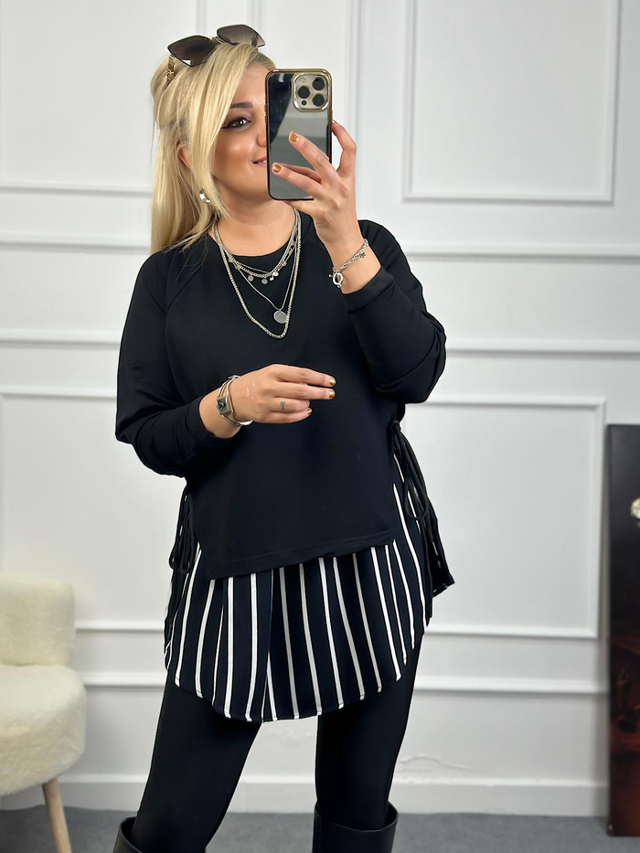 Tasarım Çizgili Yanları Bağlama Detaylı Sweatshirt SİYAH-23KUST000086