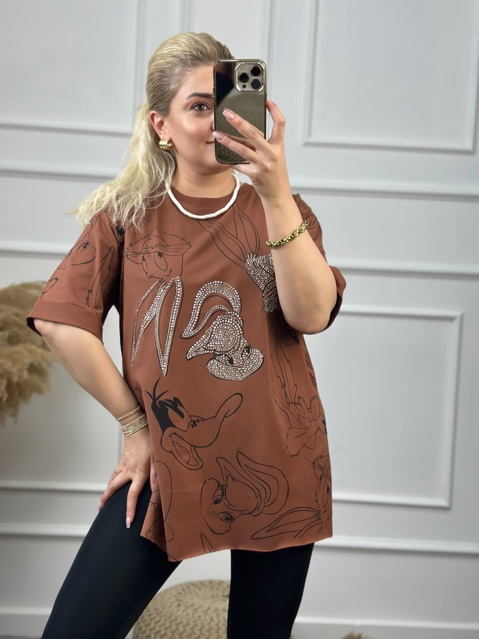 Tavşan Baskılı Taşlı Tshirt KAHVE-23YUST000060