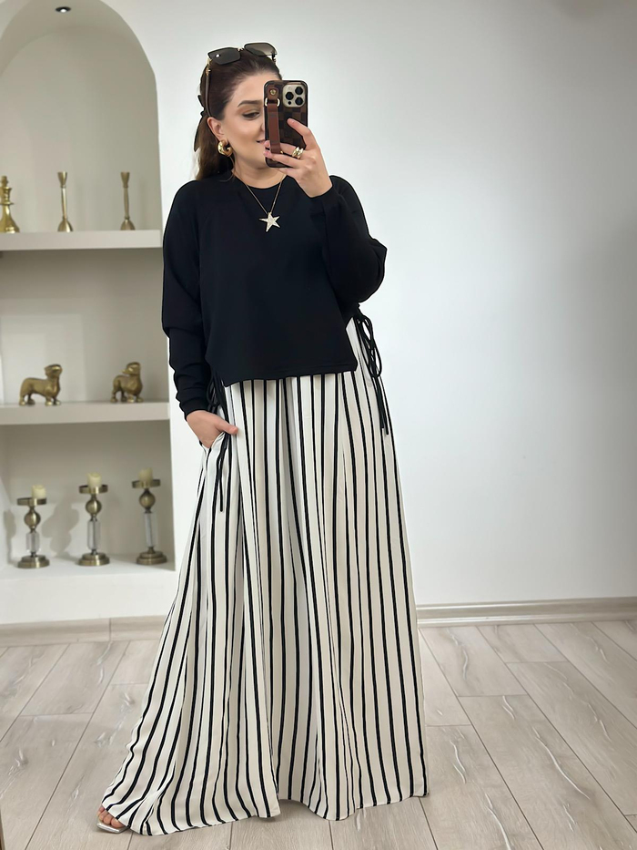Uzun Kol Tasarım Siyah Çizgili Yan Bağlamalı Elbise BEYAZ-23YELB000069