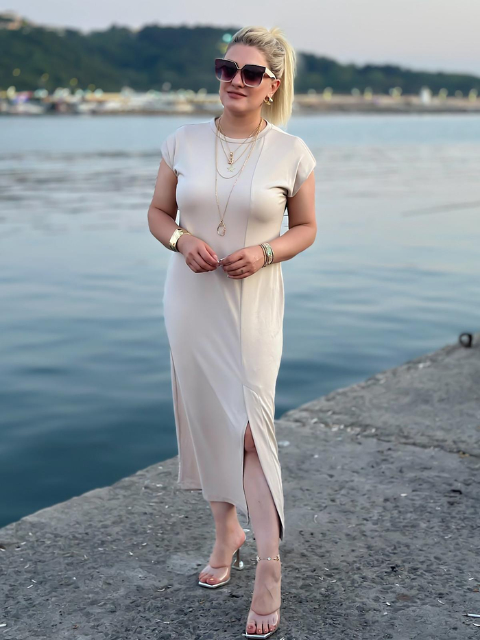 Vatkalı Düşük Omuz Önü Yırtmaçlı Modal Kumaş Elbise TAŞ-23YELB000100