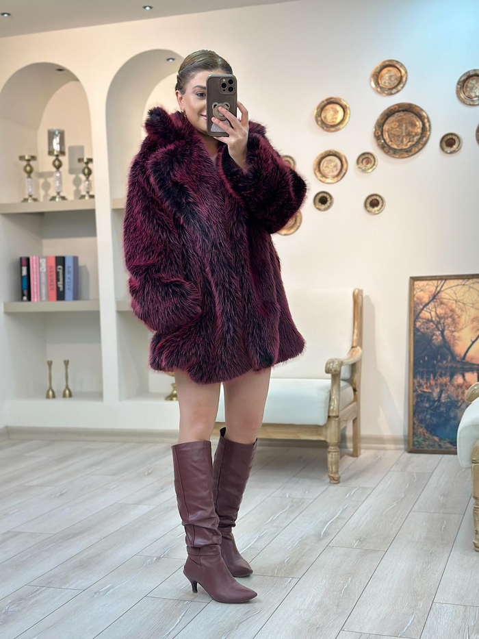 Women Yakalı Premium Kalite Kürk BORDO-23YDIS000016