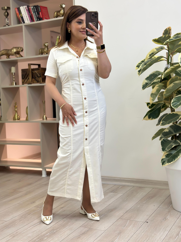 Yandan Büzgülü Uzun Denim Elbise EKRU-23YELB000143