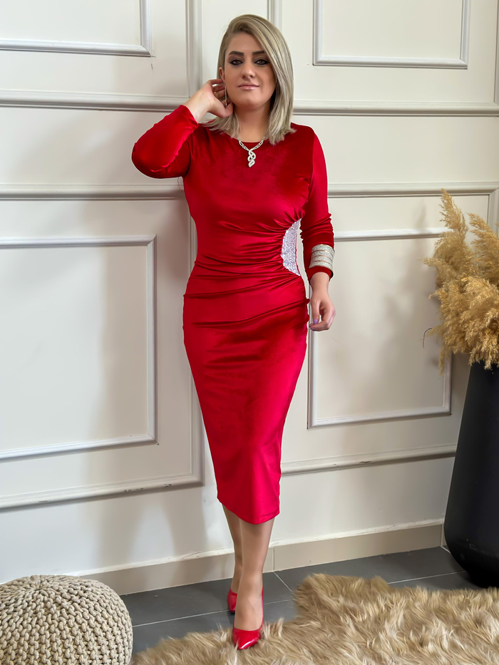 Yandan Drape Detaylı Pul İşlemeli Kadife Elbise BORDO-23KELB000002