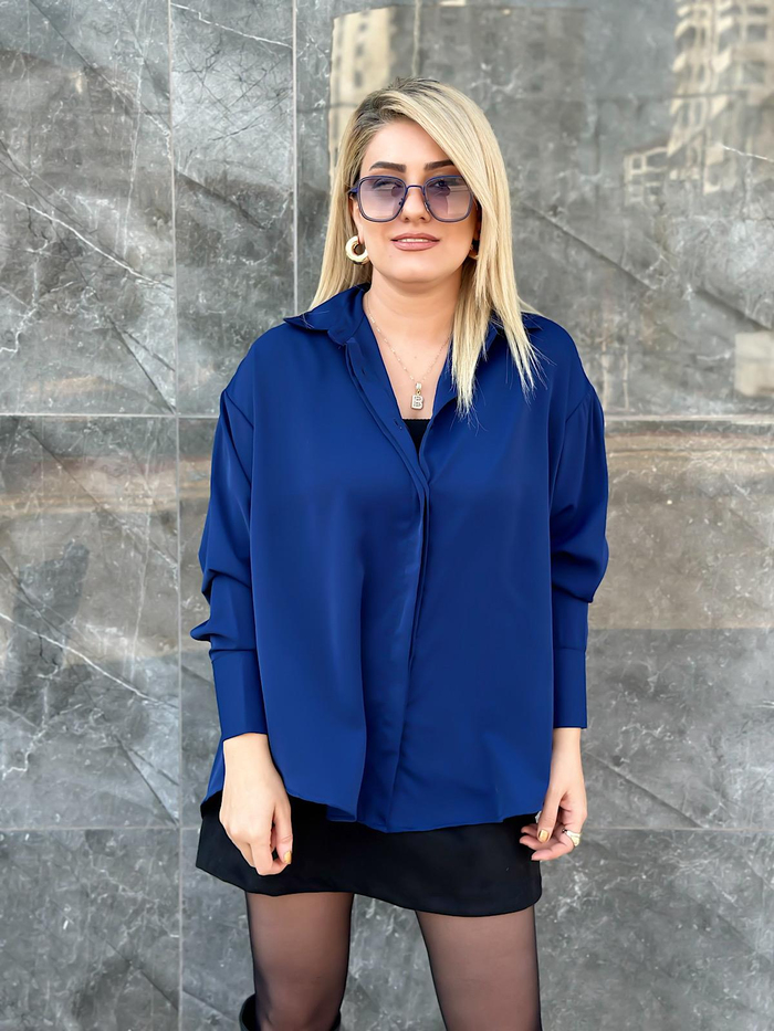 Yarasa Kol Pamuk Saten Gömlek ACIK LACİVERT-23MeUST00048