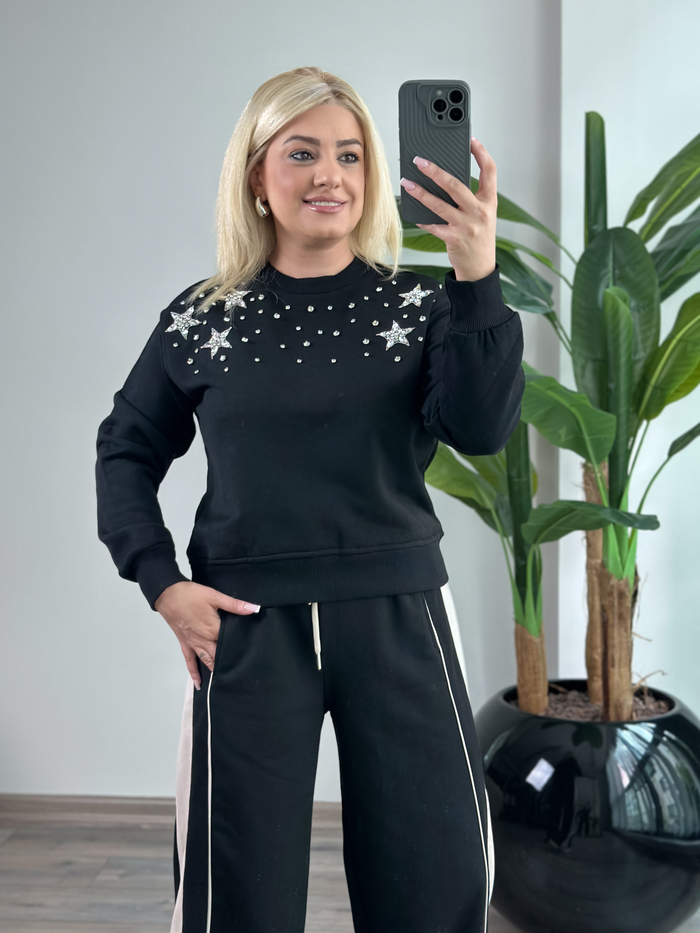 Yıldız Serpme Taş Detaylı Sweatshirt SİYAH-23KUST000148
