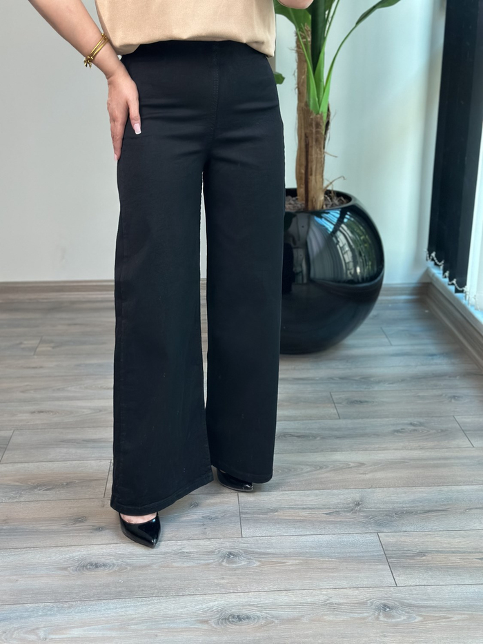 Yüksek Bel Beli Lastikli Plazzo Kot Pantolon SİYAH-23MeALT00130
