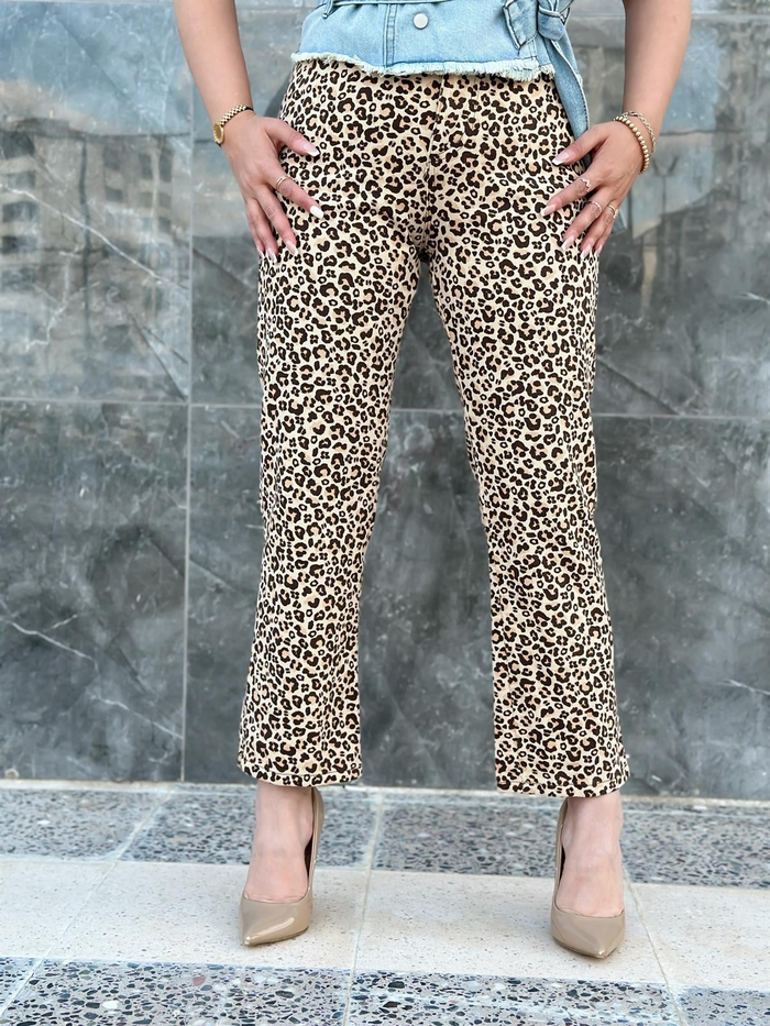 Yüksek Bel Leopar Pantolon ACI KAHVE-23MeALT00050