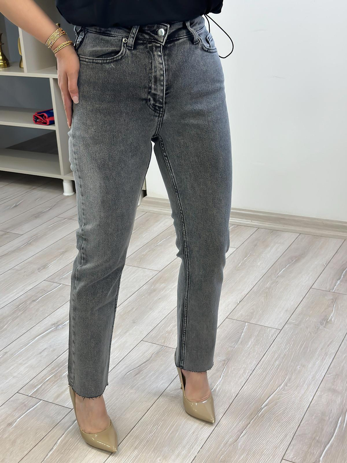 Yüksek Bel Likralı Toparlayıcı Paçası Kesik Fit Mom Jean GRİ-23MeALT00090
